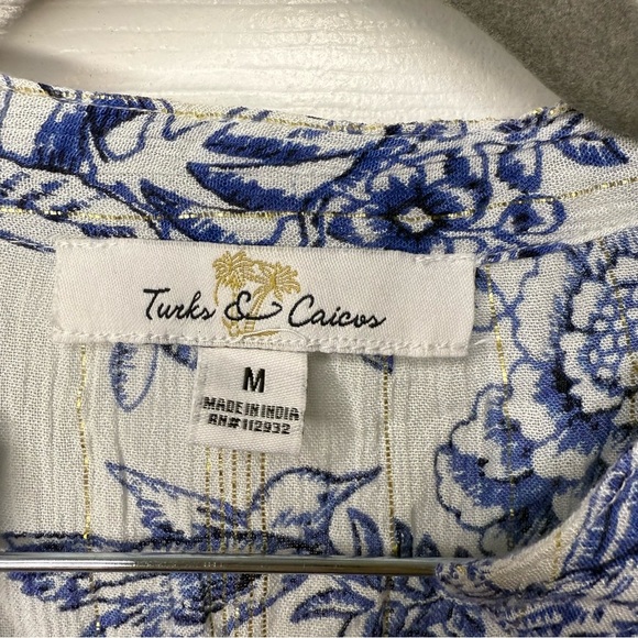 Turks and Caicos Blue Floral Swim Coverup with Gold Metallic Detail Size Medium - Picture 4 of 8